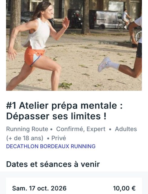 🔥 Atelier prepa mentale spécial runners  Venez dépasser vos limites grâce à un atelier prepa mentale exclusif au Decathlon Ste Catherine de Bordeaux le samedi 17 octobre à 10h.  Quand le physique est entraîné, c’est le mental qui fait la différence : gestion de la pression, stabilité émotionnelle, concentration et capacité à activer ses ressources au bon moment…🏃‍♀️✨  Pendant 45 minutes, vous expérimenterez des outils puissants issus de la sophrologie et de la préparation mentale pour optimiser votre état intérieur et performer le jour J.  Cet atelier vous permettra de :
• Clarifier votre objectif de performance
• Gérer la pression du chrono et des attentes
• Optimiser votre concentration dans les moments clés
• Renforcer votre stabilité émotionnelle pendant la course et notamment face au mur des 30 km
• Activer vos ressources mentales à travers la visualisation guidée  ➡️ S’inscrire (lien en bio) : https://activites.decathlon.fr/fr-FR/activites-sportives/details/12212553  📆 Date : samedi 17/10 à 10h  📍Lieu : Decathlon City Bordeaux, 130 rue Ste Catherine  #marathonbordeaux #running #bordeauxrunning #prepamentale #decathlon