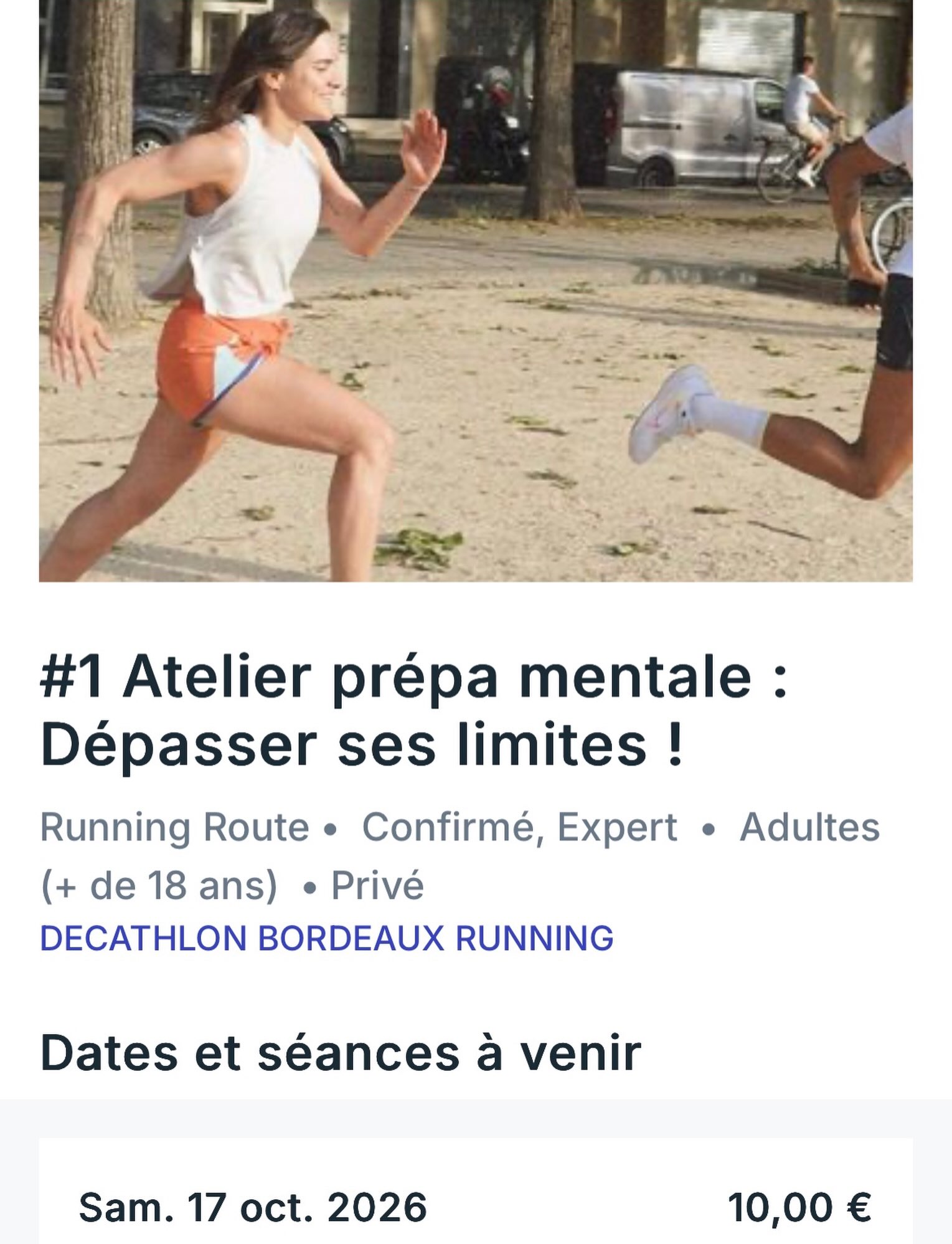 🔥 Atelier prepa mentale spécial runners  Venez dépasser vos limites grâce à un atelier prepa mentale exclusif au Decathlon Ste Catherine de Bordeaux le samedi 17 octobre à 10h.  Quand le physique est entraîné, c’est le mental qui fait la différence : gestion de la pression, stabilité émotionnelle, concentration et capacité à activer ses ressources au bon moment…🏃‍♀️✨  Pendant 45 minutes, vous expérimenterez des outils puissants issus de la sophrologie et de la préparation mentale pour optimiser votre état intérieur et performer le jour J.  Cet atelier vous permettra de :
• Clarifier votre objectif de performance
• Gérer la pression du chrono et des attentes
• Optimiser votre concentration dans les moments clés
• Renforcer votre stabilité émotionnelle pendant la course et notamment face au mur des 30 km
• Activer vos ressources mentales à travers la visualisation guidée  ➡️ S’inscrire (lien en bio) : https://activites.decathlon.fr/fr-FR/activites-sportives/details/12212553  📆 Date : samedi 17/10 à 10h  📍Lieu : Decathlon City Bordeaux, 130 rue Ste Catherine  #marathonbordeaux #running #bordeauxrunning #prepamentale #decathlon