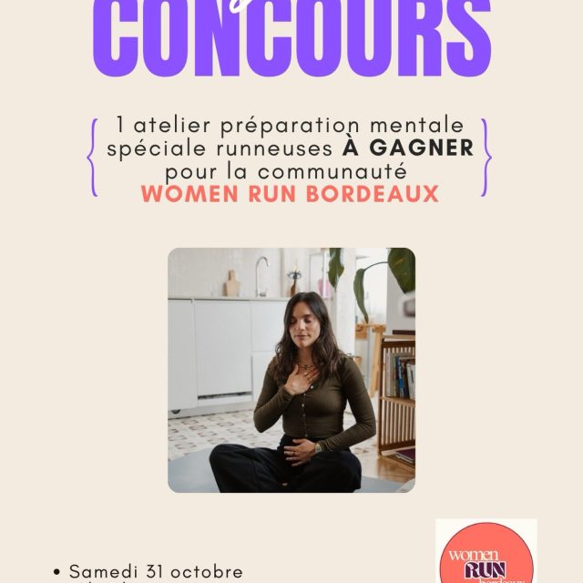 🏃‍♀️ CONCOURS • 2 places à gagner ! ❤️  Tu cours mais tu doutes parfois de ta légitimité, tu te compares ou tu minimises tes capacités ? Prends ta place de runneuse !  Avec @womenrunbdx, on te fait gagner 2 places pour mon atelier de préparation mentale spécial runneuse le samedi 31 octobre à 10h, chez Decathlon City Bordeaux 🙌  Au programme : des outils de sophrologie et de préparation mentale pour renforcer ta confiance, t’ancrer dans l’instant et oser courir pleinement à ta façon.  Pour participer :
♡ Abonne-toi à @womenrunbdx et @prause_parenthese 
♡ Like ce post ❤️
♡ Identifie en commentaire une runneuse avec qui tu aimerais partager ce moment  📩 Partage ce post en story pour multiplier tes chances  Tirage au sort le 20/10/26  💪 Atelier préparation mentale « prendre sa place se runneuse »
📍 Decathlon City Bordeaux
🗓️ Samedi 31 octobre de 10h à 11h  #WomenRunBordeaux #running #PréparationMentale #runningbordeaux